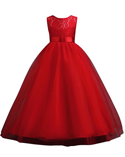 MISSMAO Blumenmädchen Kleid Mädchen Kinder Kleid Brautjungfern Hochzeitskleid Festlich Festzug Kleid Partykleid Rot 160CM von MISSMAO