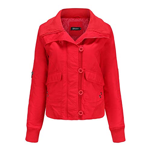 MISSMAO Bomberjacke Damen Übergangsjacke Mantel Parka Stehkragen Gefütterte Winterjacke Outdoorjacke Kurzjacke Utility Jacket Kurzmantel,Rot,S von MISSMAO