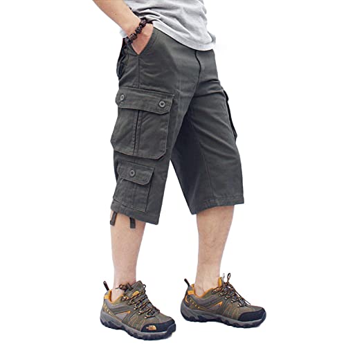 MISSMAO Cargo Shorts Herren 3/4 Sommer Kurze Outdoor Bermuda Kurz Hose Atmungsaktiv Freizeitshorts Arbeitshose Dreiviertel Hose mit Multi Taschen A-Army Green 38 von MISSMAO