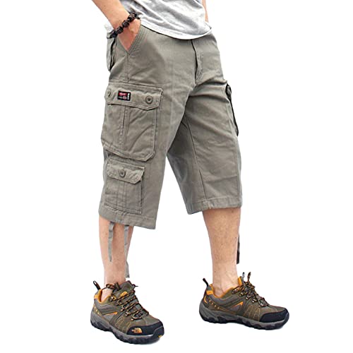Cargo Shorts Herren 3/4 Sommer Kurze Outdoor Bermuda Kurz Hose Atmungsaktiv Freizeitshorts Arbeitshose Dreiviertel Hose mit Multi Taschen A-Army Green2 32 von MISSMAO