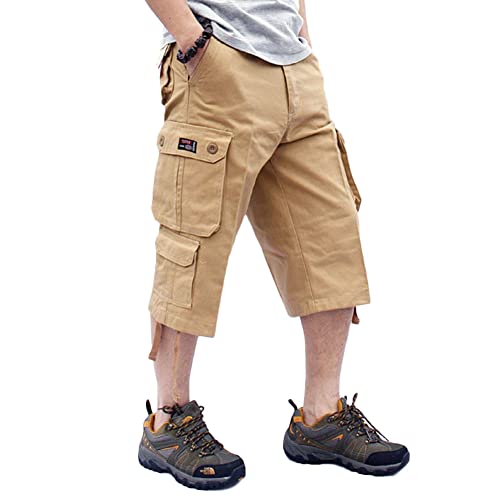 Cargo Shorts Herren 3/4 Sommer Kurze Outdoor Bermuda Kurz Hose Atmungsaktiv Freizeitshorts Arbeitshose Dreiviertel Hose mit Multi Taschen A-Khaki 40 von MISSMAO