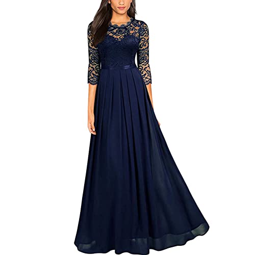 MISSMAO Damen Elegant 3/4 Ärmel Kurzarm Brautjungfern Kleid Floral Spitzen Abendkleid Maxikleid Lang Tüllkleid Ballkleid Cocktail Hochzeit Cocktailkleider Abschlussballkleid Partykleid, Marine, S von MISSMAO