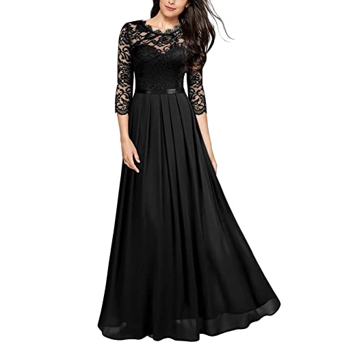 MISSMAO Damen Elegant 3/4 Ärmel Kurzarm Brautjungfern Kleid Floral Spitzen Abendkleid Maxikleid Lang Tüllkleid Ballkleid Cocktail Hochzeit Cocktailkleider Abschlussballkleid Partykleid, Schwarz, XXL von MISSMAO