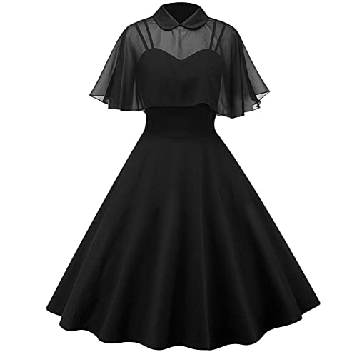 MISSMAO Damen Faltenrock Retro Kleider Rockabilly Kleid Knielang Vintage Kleid mit Cape Cocktailkleid Kurz Festliche Kleider Midikleid für Hochzeit, Schwarz, XL von MISSMAO