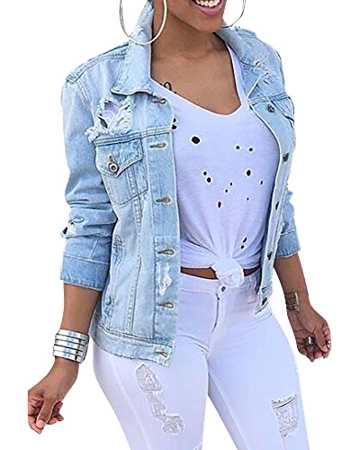 MISSMAO Damen Herbstmode Denim Jacket Jeansjacke Beiläufige Outwear Jeans Mantel Hellblau 4XL von MISSMAO