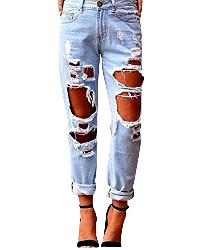 MISSMAO Damen Jeans Basic Skinny High Waist Löchern Boyfriend Jeanshosen Denim Hosen Hellblau 2XL von MISSMAO