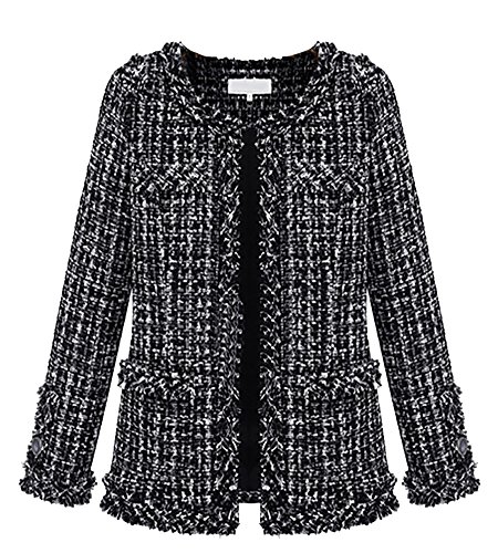 MISSMAO Damen Relaxed Fit Karierter Blazer Damen Tweedjacke Herbstlicher Cardigan Winter Pullover Weibliche Strickjacke Schwarz 2XL von MISSMAO