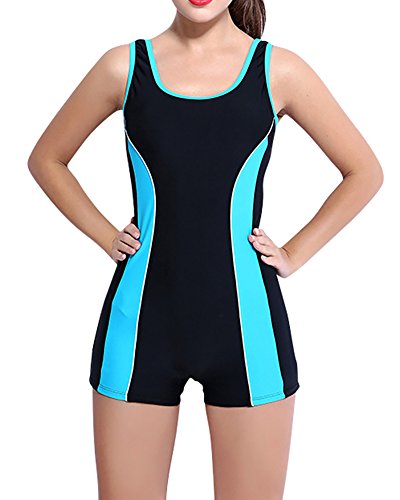 MISSMAO Damen Sportlicher Badeanzug mit Bein Boyleg Schwimmanzug Bademode mit Bein Hotpants EU 36 Schwarz Blau von MISSMAO