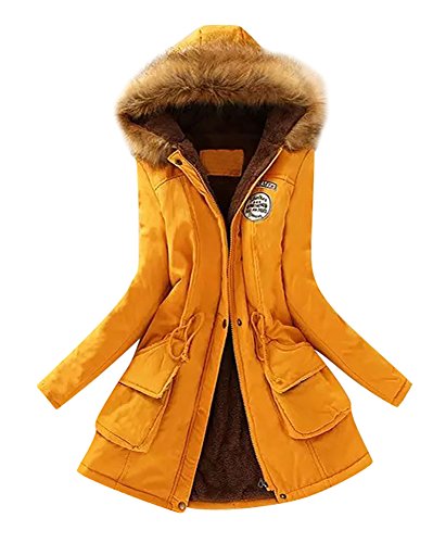 MISSMAO Damen Winterantel Parka Jacken mit Tasche Mitte-Lange Jacket mit Fake Pelz Kapuze Gelb XL von MISSMAO