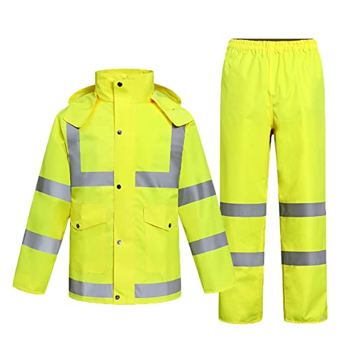 MISSMAO Erwachsenen Regenjacke Arbeit 2 Stücke Regenanzug Wasserdicht Atmungsaktiv Reflektierend Sicherheitsjacke und Regenhose Warnschutz Regenbekleidung Gelb XXL von MISSMAO