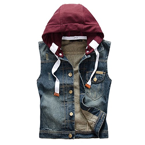 MISSMAO Herren Jeansweste Jeansjacke Ärmellose Schlanke Jacke Freizeit Zerrissene Denim Weste mit Abnehmbare Kapuze Hoodie Dunkelblau L von MISSMAO