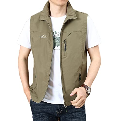MISSMAO Herren Outdoor Weste Camping Vest Wandern Weste Freizeit Ärmellos Jacke mit Reißverschlusstaschen Leicht Safari Weste Sommer Multifunktionsweste Khaki XL von MISSMAO