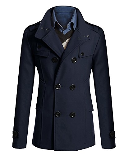 MISSMAO Herren Peacoat Wollmantel Zweireiher Mantel Kurz Slim Fit Warm Übergangs Cabanjacke Windmantel für Herbst Winter Marine S von MISSMAO