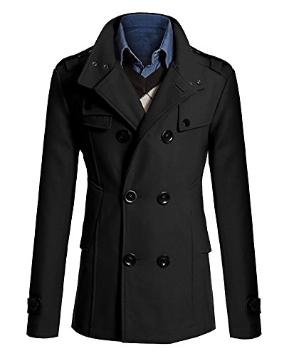 MISSMAO Herren Peacoat Wollmantel Zweireiher Mantel Kurz Slim Fit Warm Übergangs Cabanjacke Windmantel für Herbst Winter Schwarz M von MISSMAO