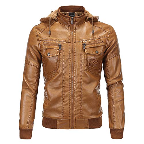 MISSMAO Herren Vintage Übergangsjacke Kunstlederjacke Sweatjacke Jacke Faux Leder Jacke Kunstpelz mit Kapuze Gelb M von MISSMAO