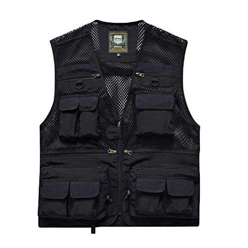 MISSMAO Herren Weste Atmungsaktive Sportweste Outdoor Weste mit Vielen Taschen Anglerweste Leicht Netz Safari Weste Für Outdoor, Angeln, Wandern, Camping Schwarz XXS von MISSMAO