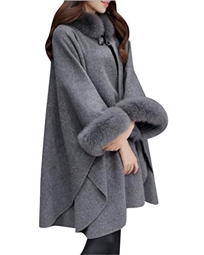 MISSMAO Hooded Faux-Pelz-Mantel Long Strickjacke Lange Ärmel Dicke Wollmischung Graben Outwear Cape Poncho-Mantel-Jacke Grau XL von MISSMAO