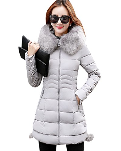 MISSMAO Langarm Steppjacke Mantel Mittel Lang mit Kunstpelzkapuze Warmen Outwear Wintermantel Jacke Parka Elegant für Damen Grau 2XL von MISSMAO