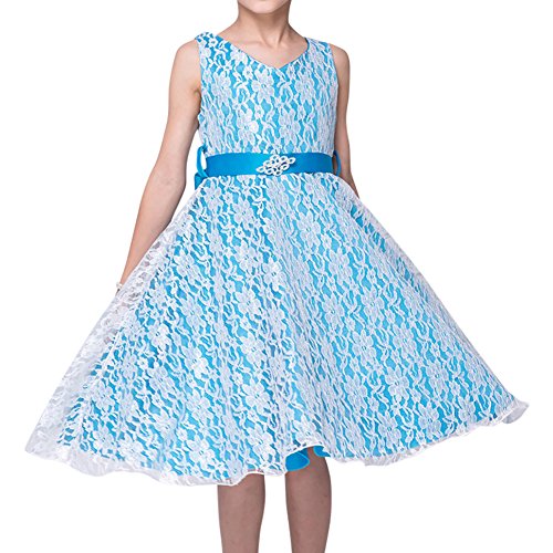 MISSMAO Mädchen Kinder Spitze Kleid Brautjungfer Festlich Hochzeit Kleider Abendkleid Kommunionkleid Hellblau 160CM von MISSMAO