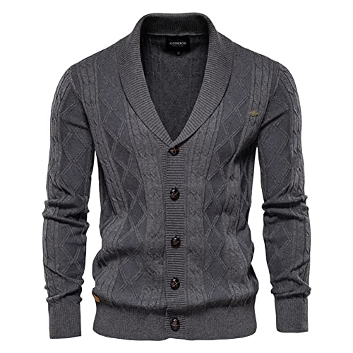 MISSMAO Strickjacke Herren Gestrickt Cardigan Schalkragen V-Ausschnitt Strickpullover Elegante Freizeitjacke Mit Knopfverschluss und Zopfmuster,Grau,L von MISSMAO