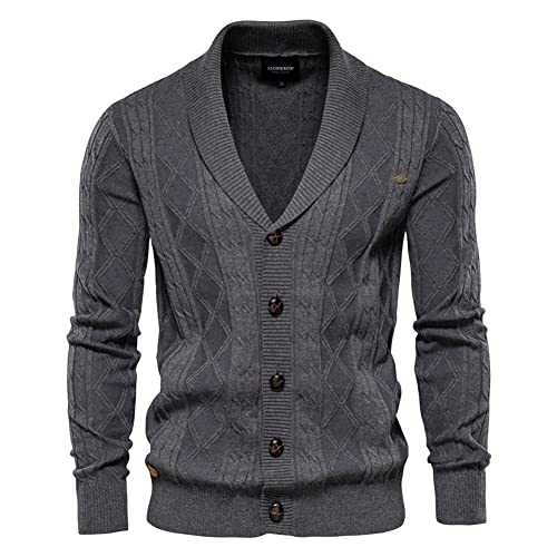 MISSMAO Strickjacke Herren Gestrickt Cardigan Schalkragen V-Ausschnitt Strickpullover Elegante Freizeitjacke Mit Knopfverschluss und Zopfmuster,Grau,XL von MISSMAO