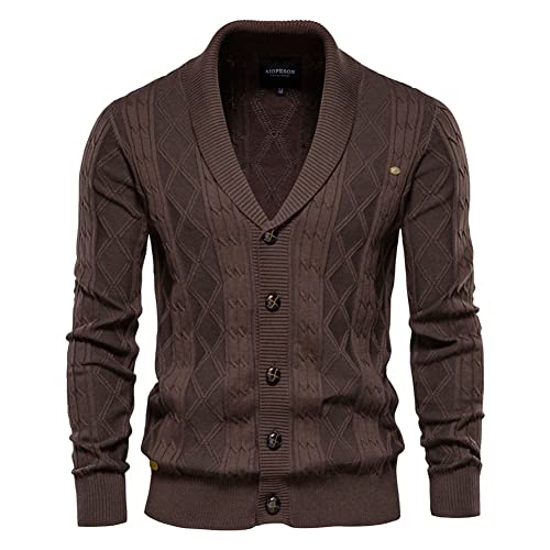 MISSMAO Strickjacke Herren Gestrickt Cardigan Schalkragen V-Ausschnitt Strickpullover Elegante Freizeitjacke Mit Knopfverschluss und Zopfmuster,Kaffee,XL von MISSMAO