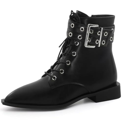 MISSMILLER Damen Halloween Stiefel Gothic Ankle Booties Spitz Toe Chunky Heel Stiefel mit Schnallen & Reißverschluss für Hexenkostüm Party Kleid Alltag Herbst Winter Mode, Schwarz (Black Pu), 37.5 EU von MISSMILLER