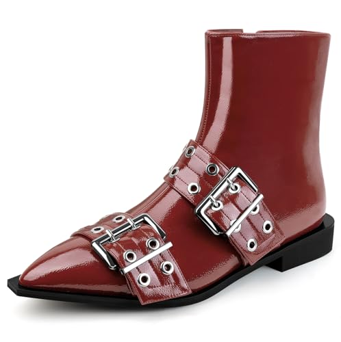 MISSMILLER Damen Halloween Stiefel Gothic Ankle Booties Spitz Toe Chunky Heel Stiefel mit Schnallen & Reißverschluss für Hexenkostüm Party Kleid Alltag Herbst Winter Mode, Weinrotes Lack, 36 EU von MISSMILLER