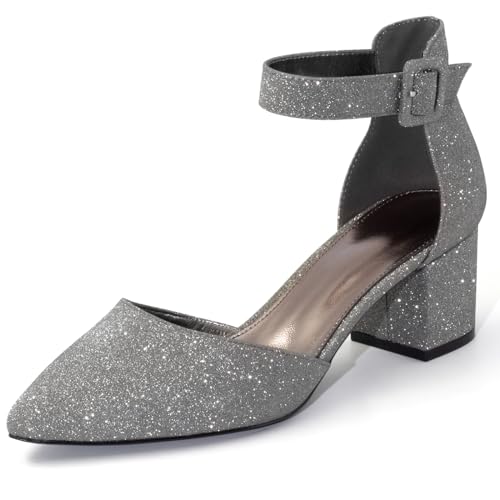 MISSMILLER Damen Low Block Heels Chunky Geschlossene Zehen Pumps Schuhe mit Knöchelriemen, Dunkelgrau glitzernd, 38.5 EU von MISSMILLER