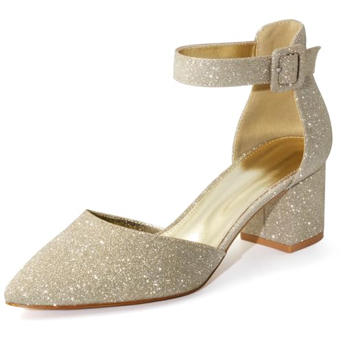 MISSMILLER Damen Low Block Heels Chunky Geschlossene Zehen Pumps Schuhe mit Knöchelriemen, Goldfarben, 37.5 EU von MISSMILLER