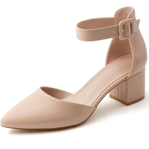 MISSMILLER Damen Low Block Heels Chunky Geschlossene Zehen Pumps Schuhe mit Knöchelriemen, Hautfarbenes Lackleder, 37 EU von MISSMILLER