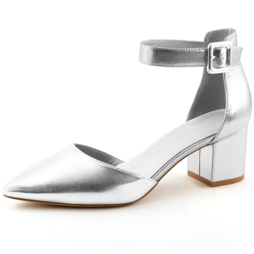 MISSMILLER Damen Low Block Heels Chunky Geschlossene Zehen Pumps Schuhe mit Knöchelriemen, silber, 37.5 EU von MISSMILLER