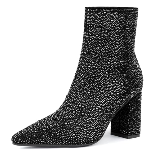 MISSMILLER Strass-Stiefel für Damen, glitzernde Cowgirl-Stiefel, spitzer Zehenbereich, klobige Absätze, Strass-Cowboystiefel, Schwarz und glitzernd, 39.5 EU von MISSMILLER