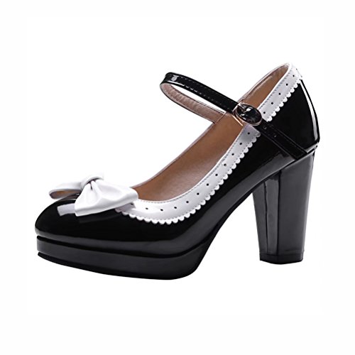 Blockabsatz High Heels Pumps Plateau Lack Mary Jane Damen Schuhe Pumps(Schwarz,43) von MISSUIT