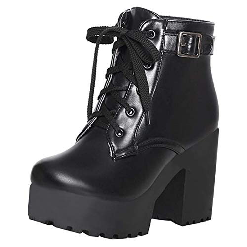 MISSUIT Blockabsatz High Heels Stiefeletten mit Schnürung und 10cm Absatz Ankle Boots Winter Schuhe(Schwarz,EU35) von MISSUIT