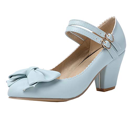 Damen Blockabsatz High Heels Pumps mit Riemchen und Schleife Schuhe(Blau,37) von MISSUIT