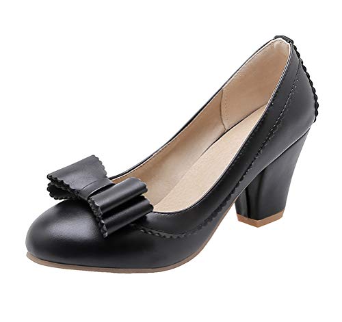 Damen Blockabsatz High Heels Pumps mit Schleife 7cm Absatz Schuhe(37,Schwarz) von MISSUIT