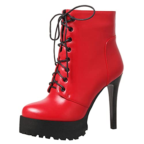 MISSUIT Damen High Heels Stiefeletten Plateau Ankle Boots mit Schnürung und 11cm Absatz Stiletto Winter Schuhe(Rot,40) von MISSUIT