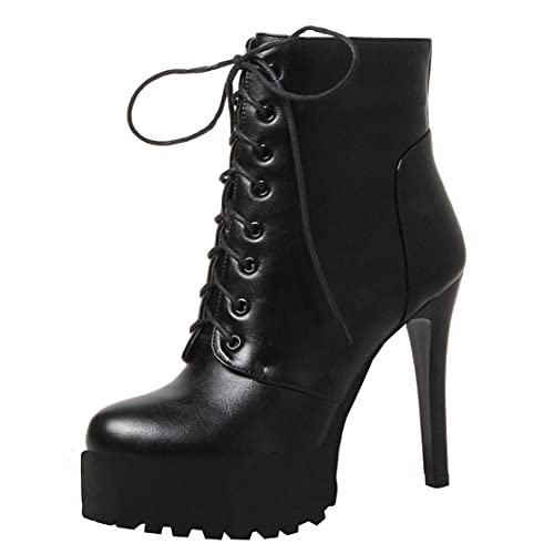 Damen High Heels Stiefeletten Plateau Ankle Boots mit Schnürung und 11cm Absatz Stiletto Winter Schuhe(Schwarz,39) von MISSUIT