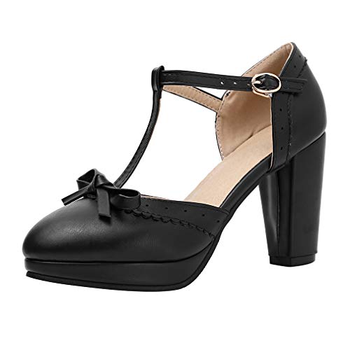 Damen T Spangen High Heels Plateau Pumps mit Blockabsatz Vintage Geschlossen Schuhe(42,Schwarz) von MISSUIT