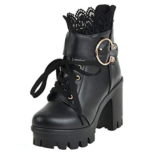 High Heels Ankle Boots Blockabsatz Plateau Stiefeletten mit Schnürung 10cm Absatz Winter Schuhe(Schwarz,36) von MISSUIT