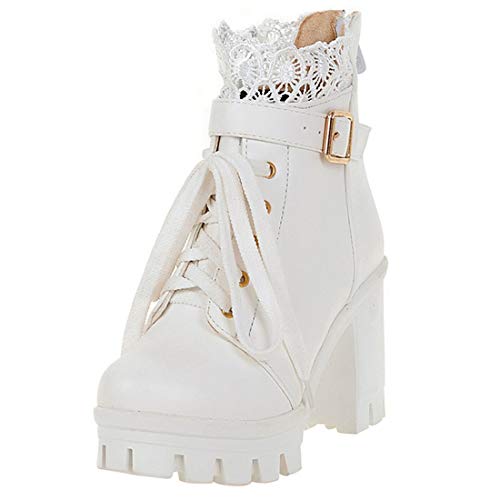 High Heels Ankle Boots Plateau Stiefeletten mit Blockabsatz Schnürung und 10cm Absatz Winter Schuhe (Weiße,40) von MISSUIT
