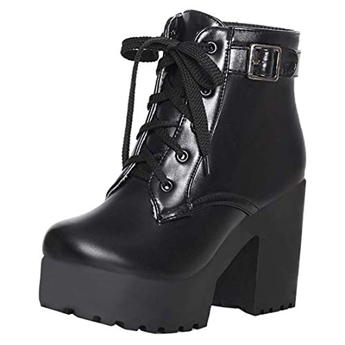 High Heels Ankle Boots mit Blockabsatz Stiefeletten zum Schnüren Kurzschaft Stiefel(Schwarz,40) von MISSUIT