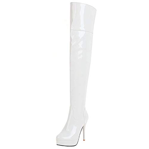 MISSUIT High Heels Overknee Stiefel Lack Plateau Stiletto Boots(Weiß,EU40) von MISSUIT