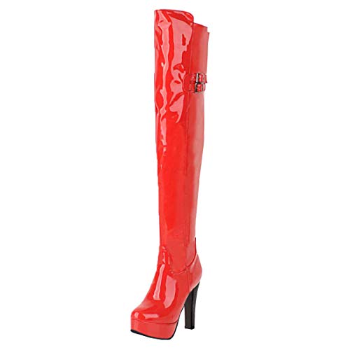 MISSUIT High Heels Overknee Stiefel mit Blockabsatz Plateau Reißverschluss Boots Damen Winter Schuhe(Rot,47) von MISSUIT