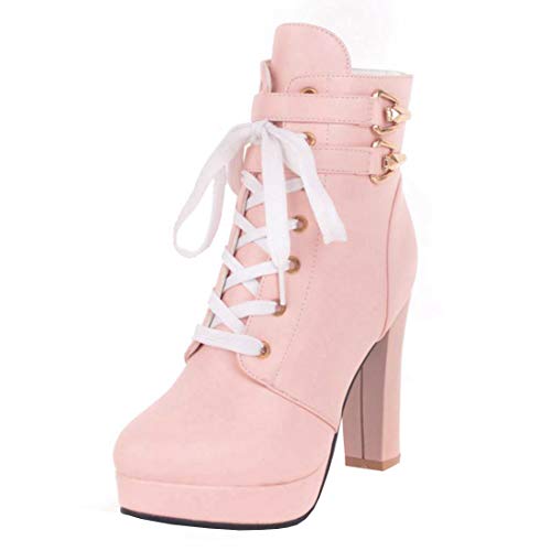 High Heels Plateau Stiefeletten Blockabsatz Ankle Boots zum Schnürung Winter Schuhe(Rosa,37) von MISSUIT