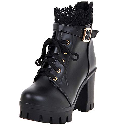 MISSUIT Damen High Heels Stiefeletten Blockabsatz Ankle Boots mit Plateau und Schnürung 10cm Absatz Winter Schuhe(Schwarz,38) von MISSUIT