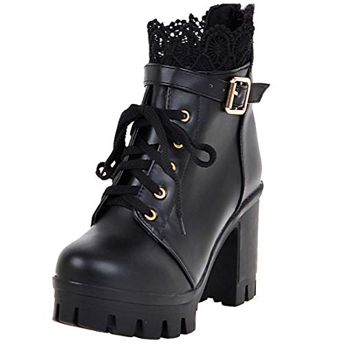 MISSUIT Damen High Heels Stiefeletten Blockabsatz Ankle Boots mit Plateau und Schnürung 10cm Absatz Winter Schuhe(Schwarz,39) von MISSUIT