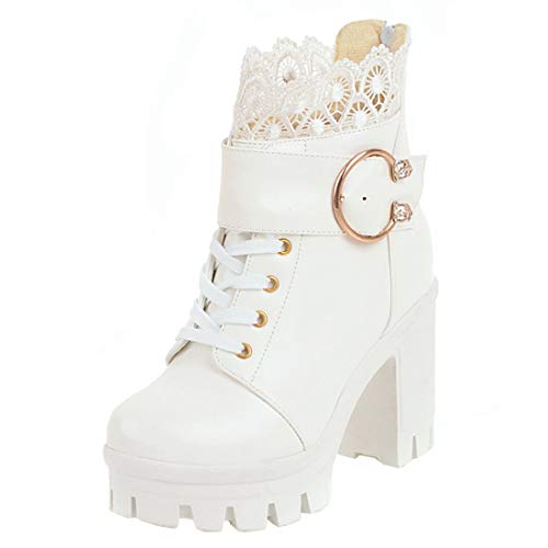 MISSUIT High Heels Stiefeletten Blockabsatz Plateau Ankle Boots zum Schnüren 10cm Absatz Winter Schuhe(Weiße,EU36) von MISSUIT