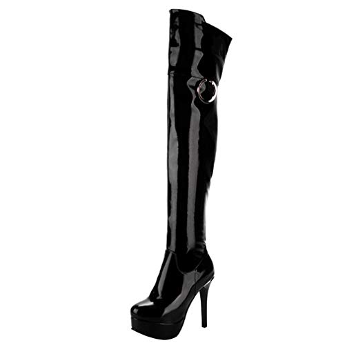 MISSUIT Damen Lack Overknee Stiefel High Heel Plateau Stiletto Boots mit Reißverschluss und 12cm Absatz Winter Schuhe(Schwarz,EU41) von MISSUIT